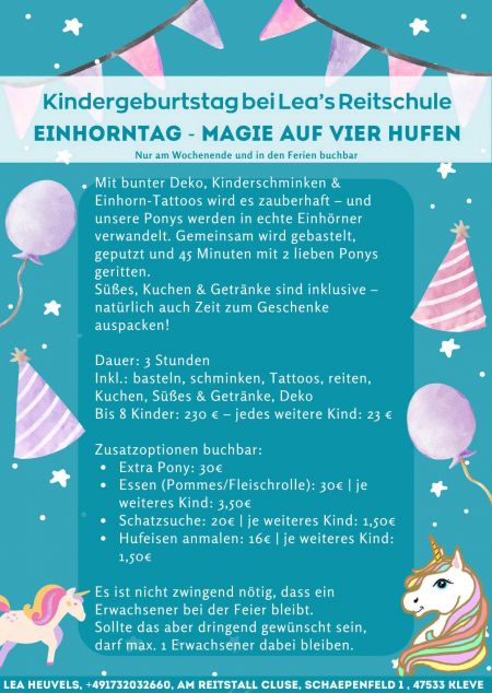 Kindergeburtstag Einhorntag - Magie auf vier Hufen | Lea's Reitschule in Kleve - Materborn