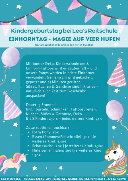 Kindergeburtstag Einhorntag - Magie auf vier Hufen | Lea's Reitschule in Kleve - Materborn
